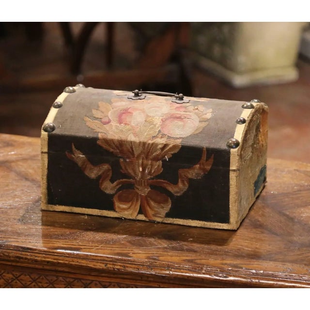 Tan French Aubusson Tapestry Bombé Jewelry Box Signed Jacques Lamy For Sale - Image 8 of 10