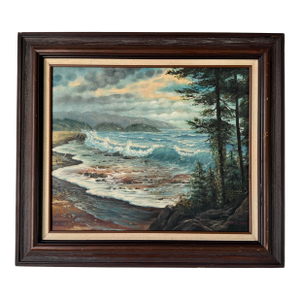 1970s Vintage Coastal Landscape Oil on Canvas Painting by J. Nelson