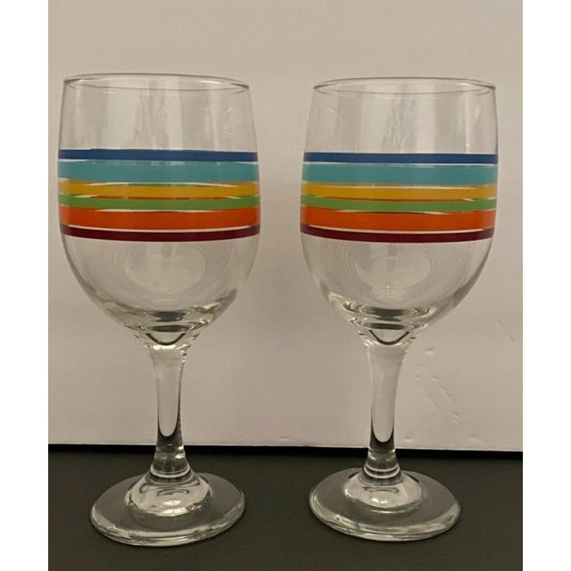 Glass 1970’s Set of 5 Colorful Rainbow Striped Fiesta Ware Wine - Water Goblets For Sale - Image 7 of 9