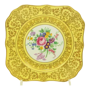 Antique Hutschenreuther Selb Bavaria Fine China Square Plate Floral Yellow Gold