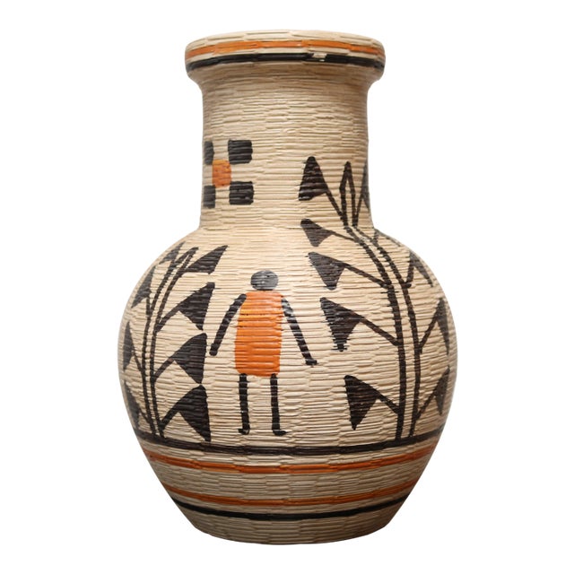 Cream Ceramic Vase With Native Motif by Berkeley House For Sale