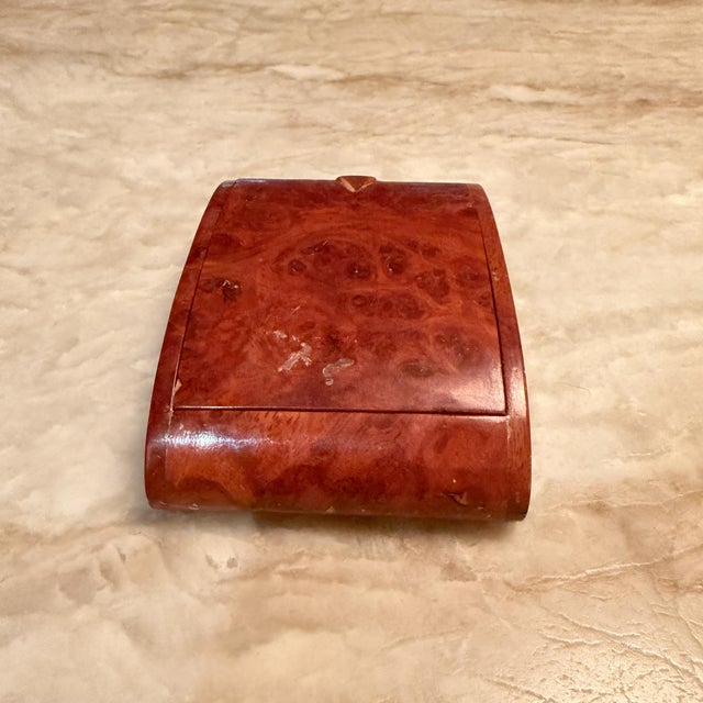 Mid-Century Modern Collectible Vintage Antique Small Wooden Box Burlwood Cigarette Jewelry For Sale - Image 3 of 10