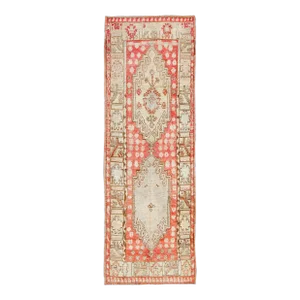 Vintage Turkish Oushak Runner With Soft Red Field and Pale Ivory Medallions