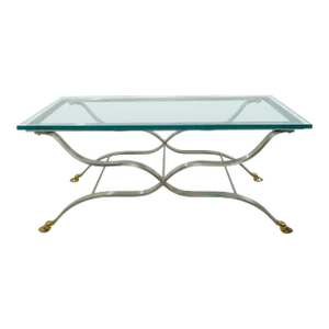 1970s Nickel & Brass “X” Base Coffee Table in the Style of Maison Jansen