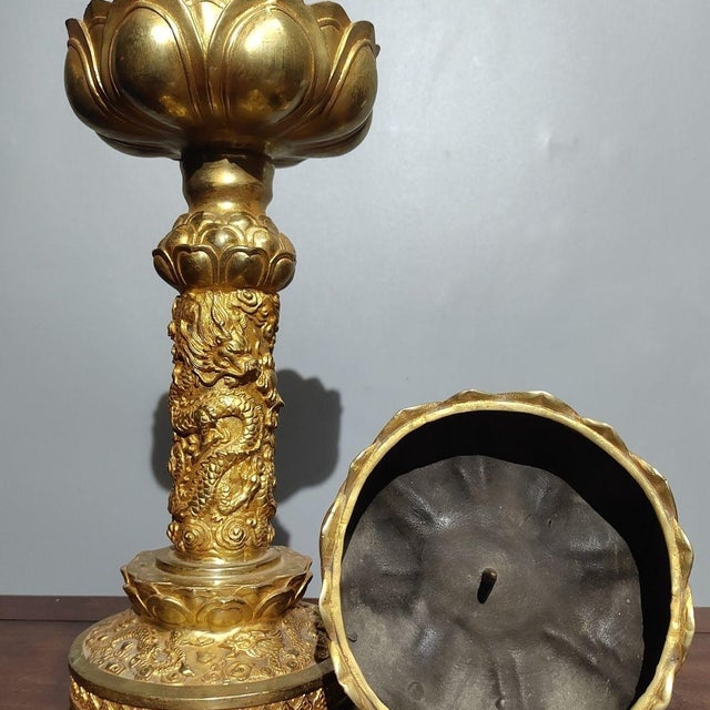 Late 20th Century Late 20th Century Pair of Gilt Bronze Dragon Pillar Candle Holders For Sale - Image 5 of 10