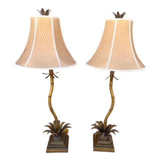 Hollywood Regency Gold Palm Tree Table Lamps - A Pair For Sale