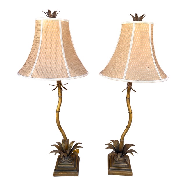 Vintage Hollywood Palm Tree Gilded Gold Table Lamps - a Pair For Sale
