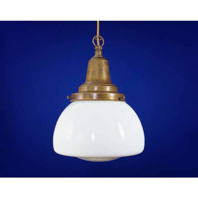 Large Edwardian Opaline Glass School Pendant Lamp with Brass Gallery, 1920s For Sale - Image 4 of 4