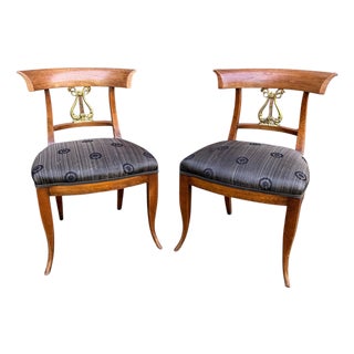 Mid Century Mahogany and Brass Lyre Back Dining Chairs - A Pair For Sale