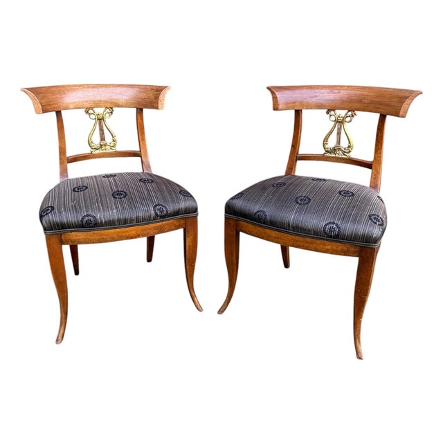 Mid Century Mahogany and Brass Lyre Back Dining Chairs - A Pair For Sale