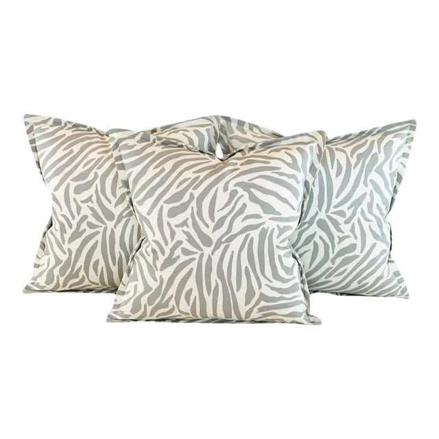 Designer Vicki Payne Free Spirit Gray Ivory Zebra African Safari Animal Print Pillow Covers- 3 Pc Set For Sale