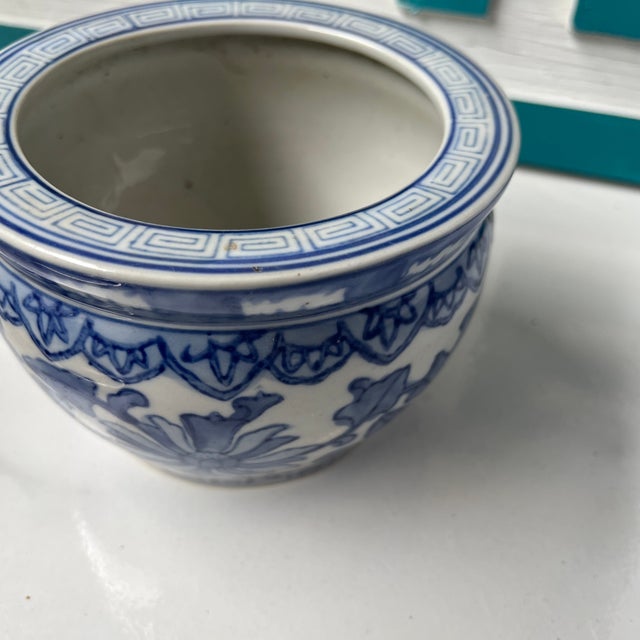 Mid-Century Modern 1970s Small Greek Key Blue and White Planter Bowl For Sale - Image 3 of 6
