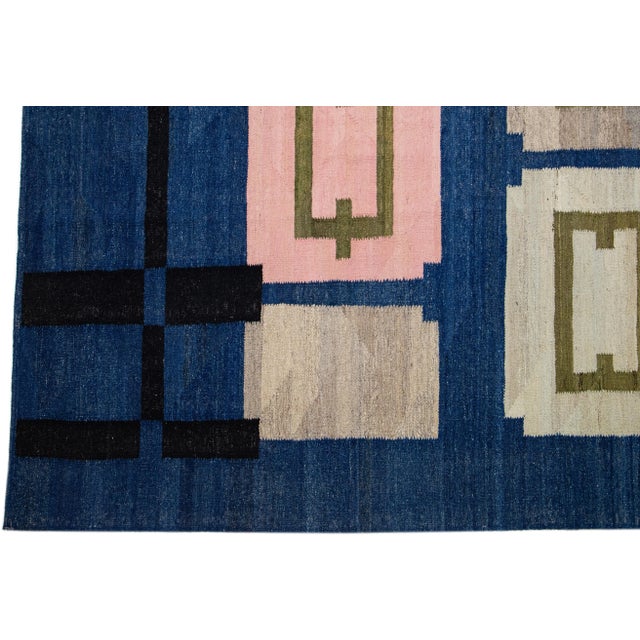 2020s Flatweave Kilim Wool Rug Mid-Century Modern Style in Blue For Sale - Image 4 of 7
