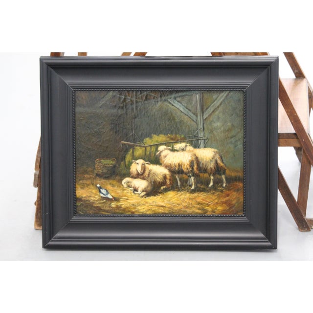 Sheep in a stable painting Lamb Rustic decor Farmhouse French antique animal oil painting Sheepfold Animal wall art...