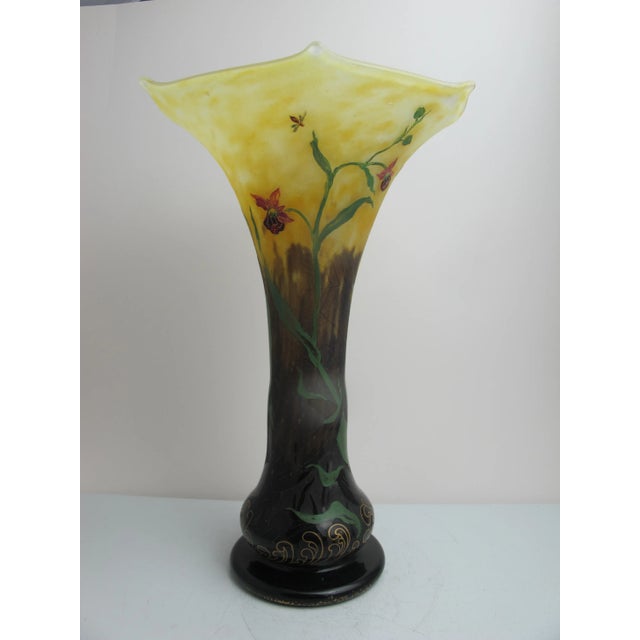 Glass Antique Daum Nancy Etched Enamel Orchid & Insect Vase 12.75" Tall Art Glass Vase For Sale - Image 7 of 9