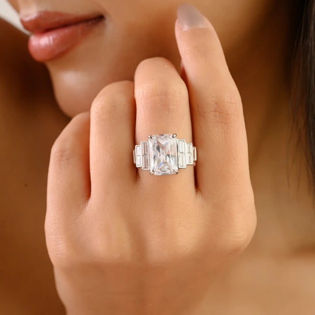 Art Deco Emerald Cut Cz Cocktail Ring in 925 Sterling Silver - Statement Ring Size 7 For Sale - Image 4 of 12