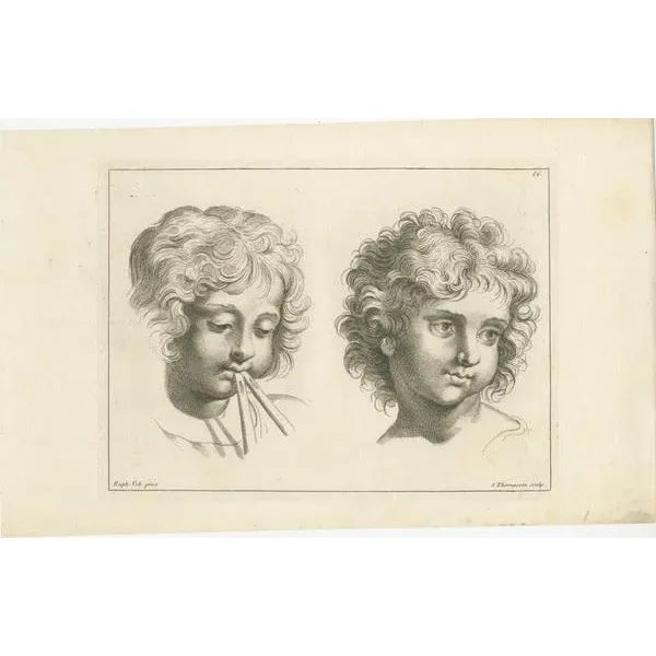 The engraving features two cherubic faces, each blowing an object that is not fully visible, which may be a wind...