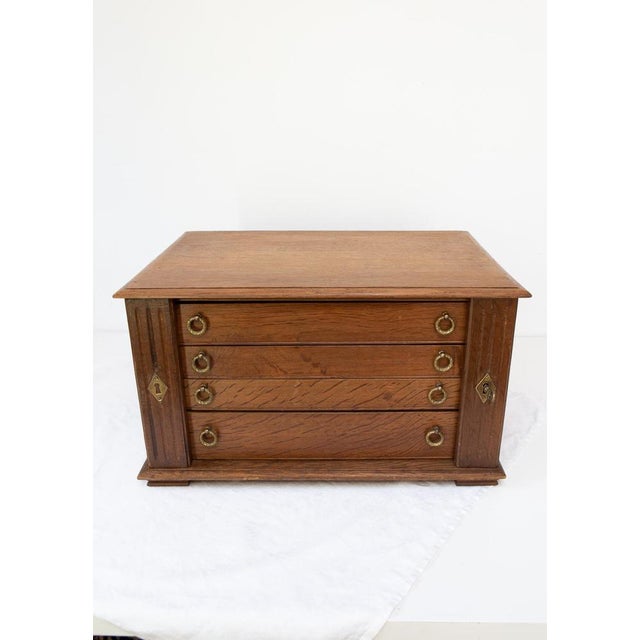 Antique French Oak Cutlery Case for 12 Pieces with 4 Drawers and Lock, 1960s For Sale - Image 10 of 10