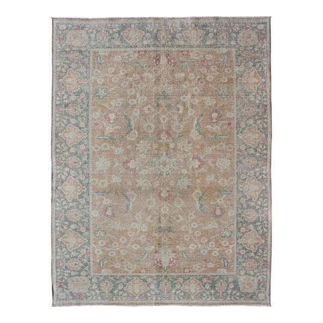 Antique Turkish Sivas Rug With Tan Field and Faded Blue-Green Border Accents 5'2 X 7'2 For Sale