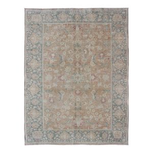 Antique Turkish Sivas Rug With Tan Field and Faded Blue-Green Border Accents 5'2 X 7'2