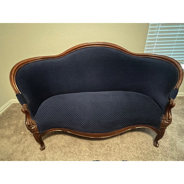 1800's American finger carved settee. Purchased from an estate in 1972, minimal history available. Renovated in 1985 by a...