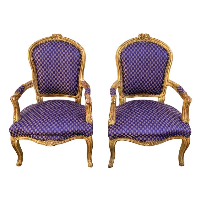 Louis XV Style Baroque Armchairs in Blue Satin Fabric with Patterns, 1920s, Set of 2 For Sale