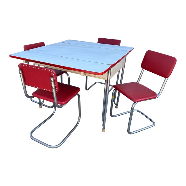 1950s Vintage Enamel Top Table With Extensions and 4 Chairs Set of 5