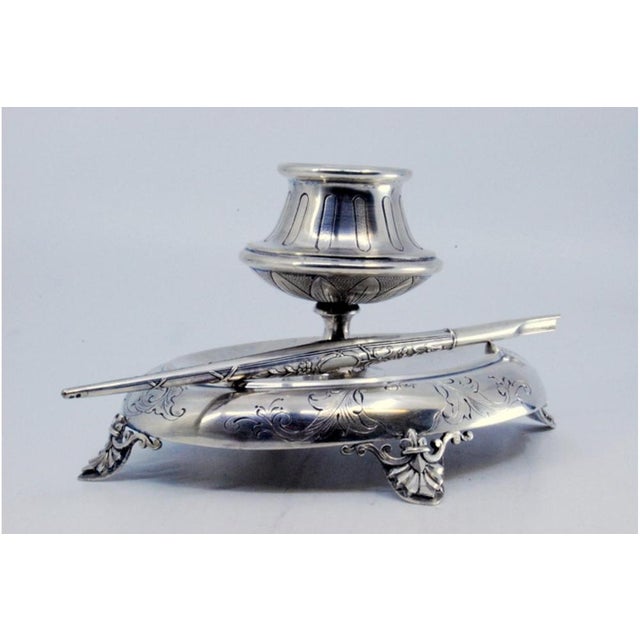 Silver Inkwell with Chiseled Base, Support Feet and Pen, Set of 2 For Sale - Image 9 of 10