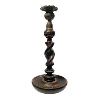 Victorian Hand Carved Barley Twist and Brass Candlestick For Sale