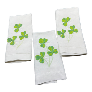 Set of 3 Vintage White Madeira Linen Embroidered Shamrock Finger Tip Guest Towels
