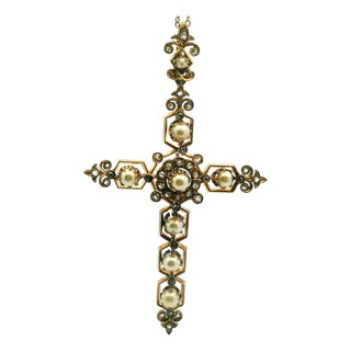 Victorian 14k Rose Gold Pearl & Old Mine Diamond Cross Pendant, C. 1890 For Sale