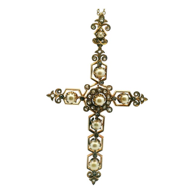 Victorian 14k Rose Gold Pearl & Old Mine Diamond Cross Pendant, C. 1890 For Sale