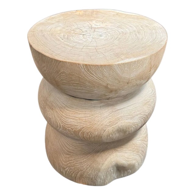 Round Teak Wood Side Table, Bleached Finish, Layered Design, Modern Organic For Sale
