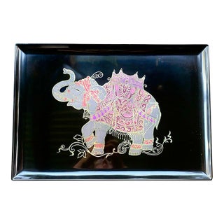Jeweled Elephant Serving Tray Vintage Couroc of Monterey | Brass & Color Inlay | California Decorative Art For Sale