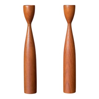 Pair of Sculptural Teak Danish Modern Candle Holders For Sale