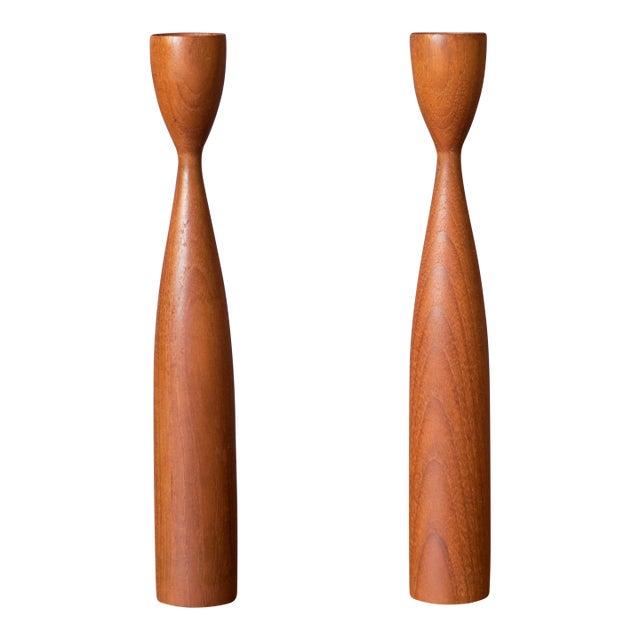 Pair of Sculptural Teak Danish Modern Candle Holders For Sale