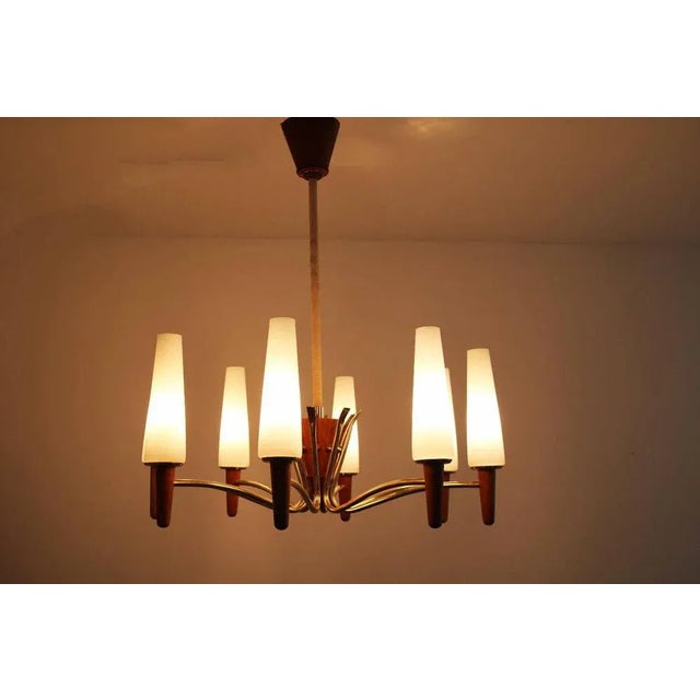Metal Danish Modern Teak, Brass and Opal Glass Chandelier from Temde For Sale - Image 7 of 11