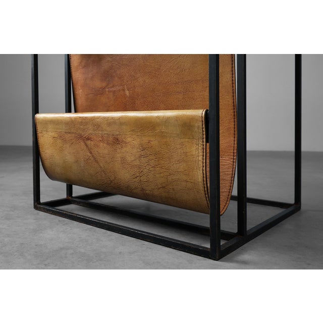 Mid-Century Magazine Holder in Metal, Wood and Leather, Belgium, 1960s For Sale - Image 11 of 13