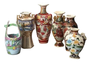 Set of 6 Antique Japanese Satsuma Hand Painted Pottery Vases, Circa 1920
