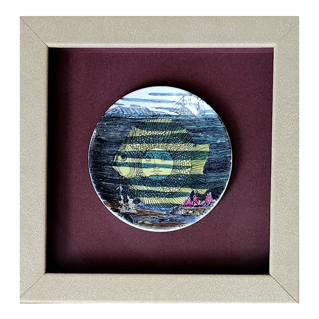 Piero Fornasetti “12 Mesi, 12 Soli” Porcelain Coaster, April, Sun as a Fish, Framed For Sale