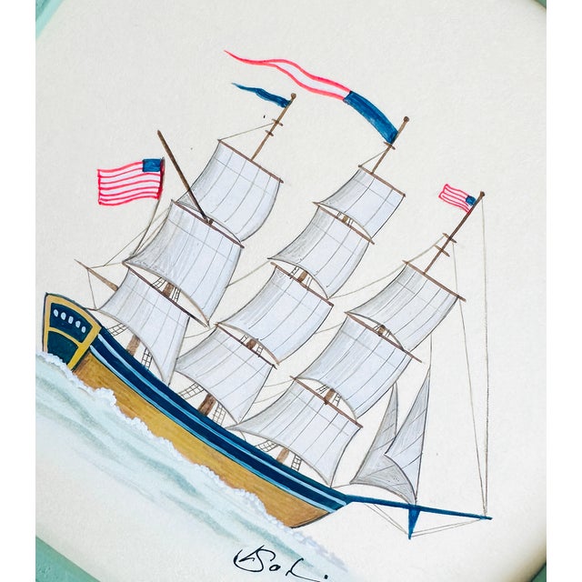 This hand-painted sailboat is painted with fine, precise linework that defines the masts, sails, and rigging with...