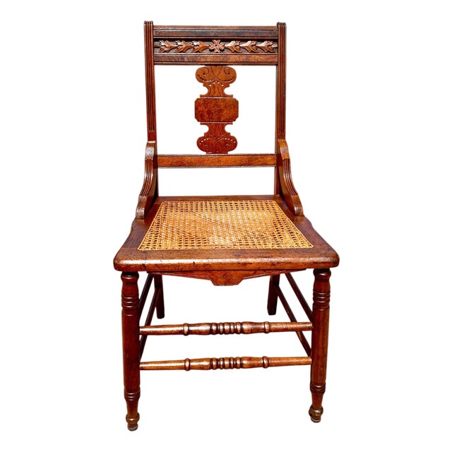 Antique Eastlake Victorian Walnut Dining Side Hall Accent Chair W Cane Seat For Sale