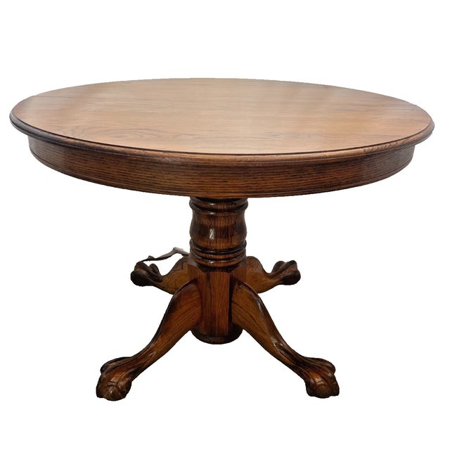1980s Round Expansion Dining Room Kitchen Table Solid Cathedral Oak Carved Claw Feet For Sale In Palm Springs - Image 6 of 15