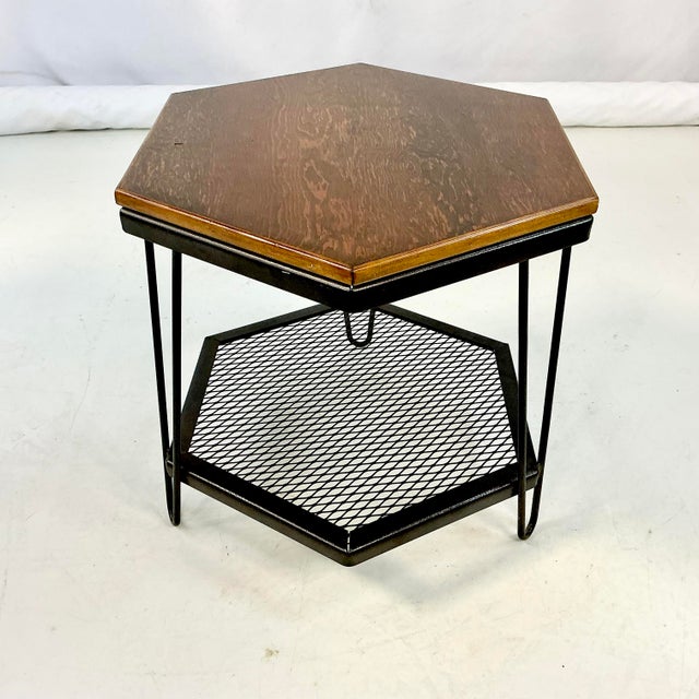 Mid-Century Boho Chic Industrial Metal & Pine Hexagonal Side Table. For Sale - Image 6 of 10