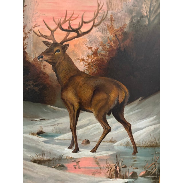 Early 20th Century Vintage Oil on Canvas in the Style of Rosa Bonheur- Stag in Snowy Landscape For Sale - Image 5 of 9