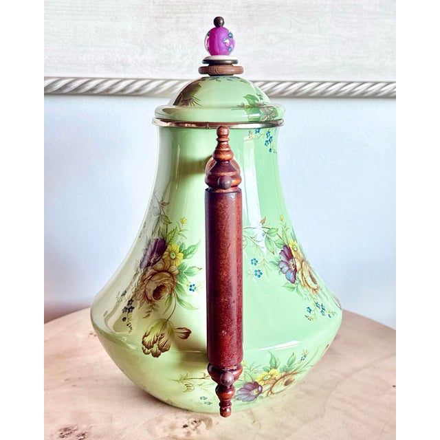 1990s Vintage 1995 Camp Mackenzie Childs Green Floral Coffee Pot/Kettle With Wood Handle and Lid For Sale - Image 5 of 12