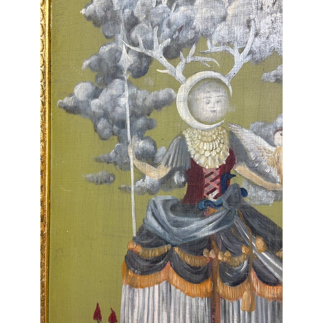Surrealism Gustavian Style Allegorical Oil in Wood Painting of “The Lady Moon” With Gilt Border For Sale - Image 3 of 11