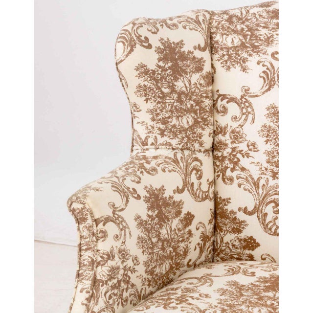 Linen Upholstered Wingback Chair and Ottoman For Sale - Image 4 of 11