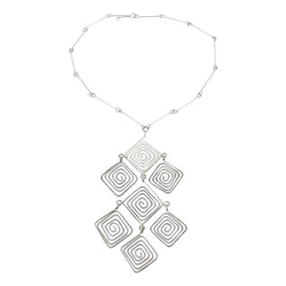 Mid Century Space Age Chrome Modernist Wire Necklace with Geometric Medallion For Sale