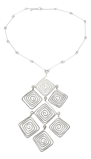 Mid Century Space Age Chrome Modernist Wire Necklace with Geometric Medallion